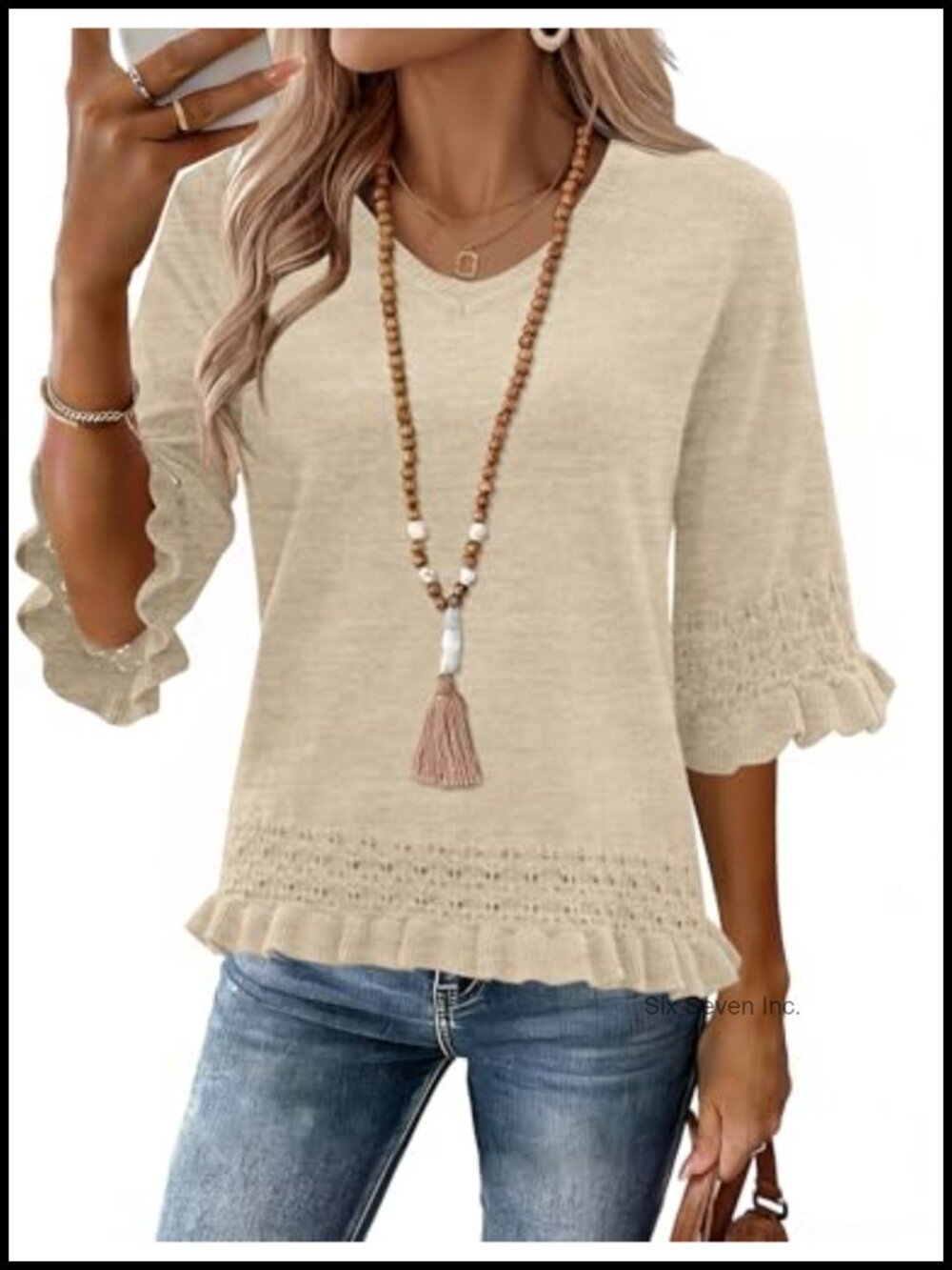 LOMON Womens V Neck Peplum Sweater 3/4 Sleeve Ruffle Pullover